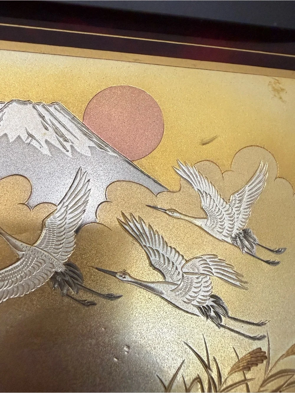 Vintage Japanese Lacquer Chokin Landscape Mt Fuji Flying Cranes Music Box Sakura
